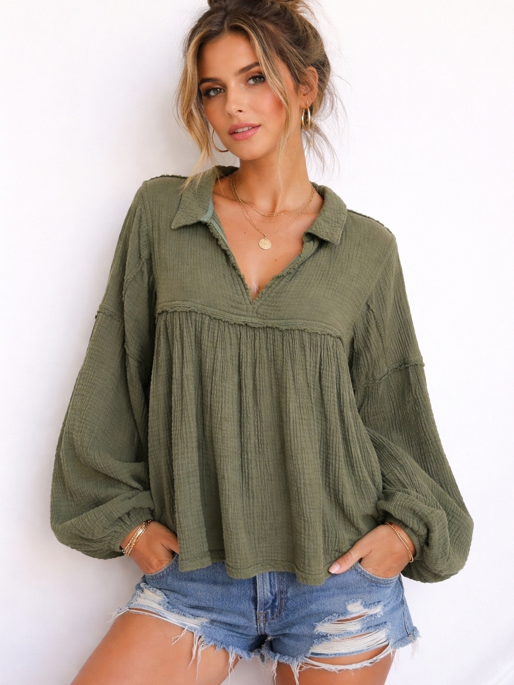 The Impeccable Pig Olive Green Cotton Gauze Boho Babydoll Blouse - Size L
